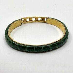 Vintage Made in Italy Green Crocodile Embossed Leather Gold Tone Hinged Bangle